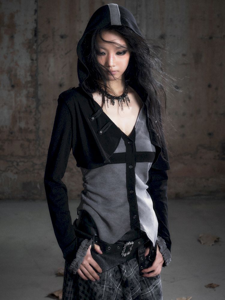 Hooded False Two Black Gray Knit Cardigan【s0000013890】