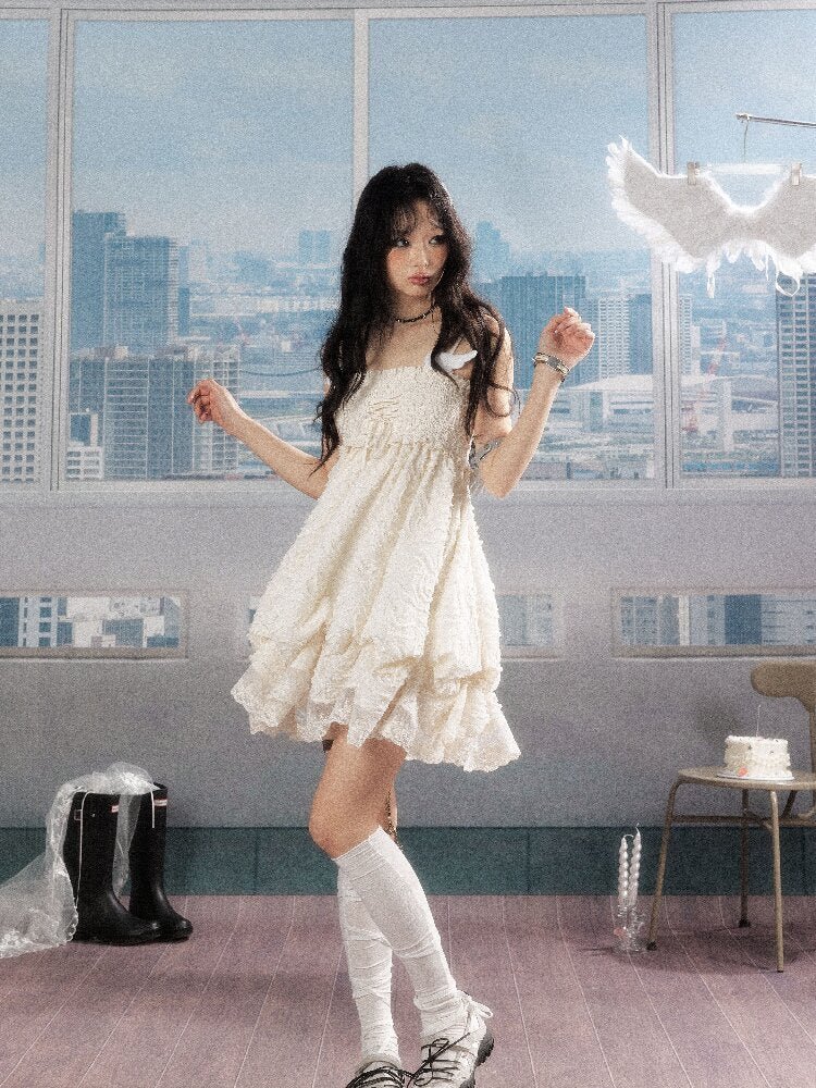 Shirred Lace White Texture Dress【s0000016278】