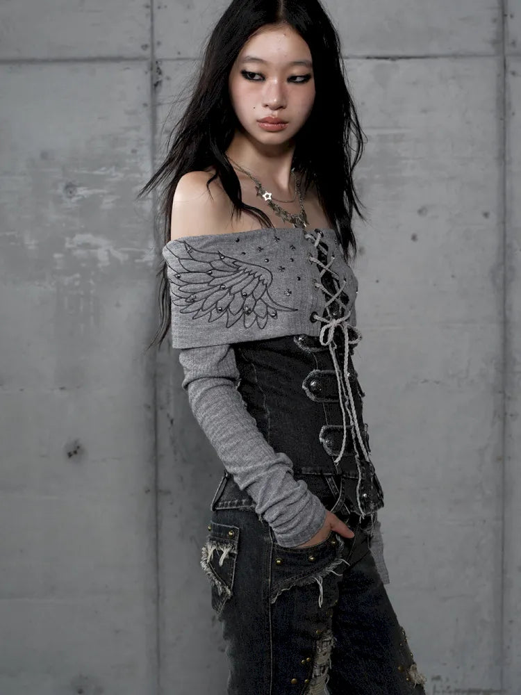 Rhinestone Off-Shoulder Long-Sleeve T-Shirt【s0000014118】