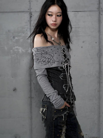 Rhinestone Off-Shoulder Long-Sleeve T-Shirt【s0000014118】