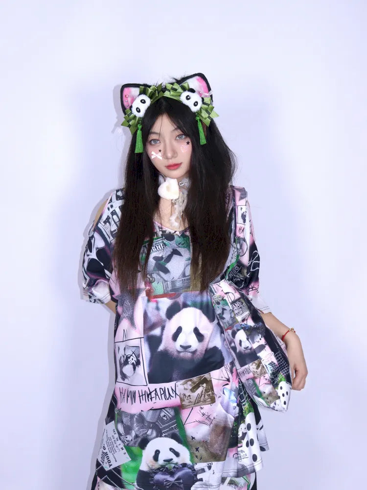 Panda Patchwork Print Off-Shoulder T-Shirt【s0000013979】