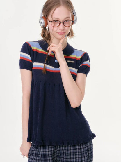 Doll Collar Knitted Slim T-Shirt【s0000016609】