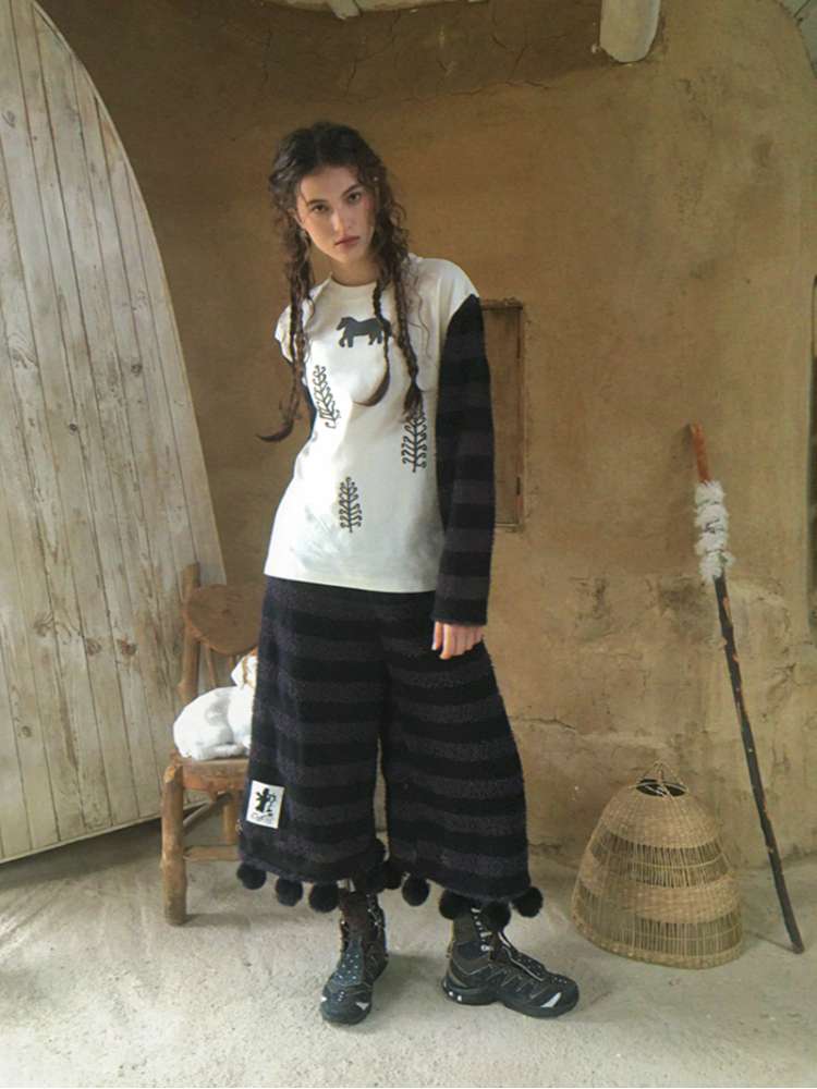 Striped Patchwork Pony Print T-Shirt【s0000014899】