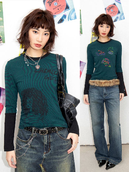 Stripe Splicing Printed T-Shirt【s0000011648】