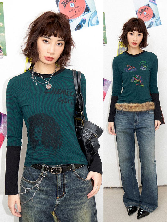 Stripe Splicing Printed T-Shirt【s0000011648】