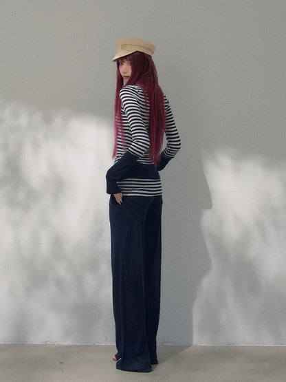 Navy Blue Wool Patchwork Pants【s0000019258】