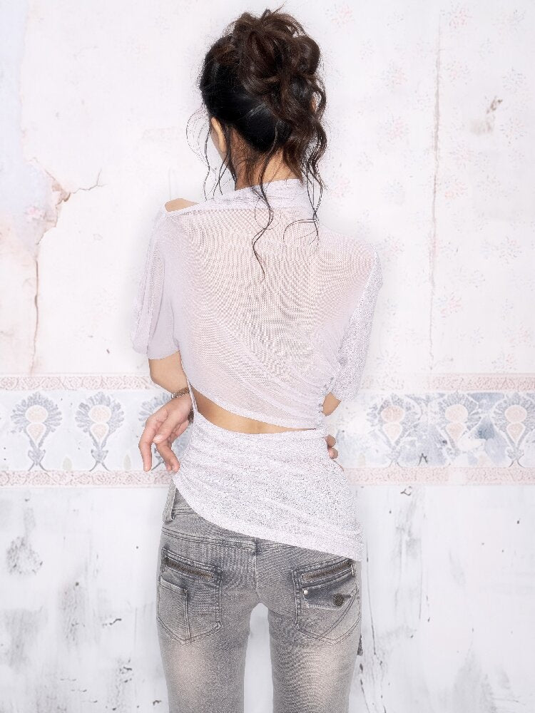 3-Tone Knitted Mesh Pleated T-Shirt【s0000016063】