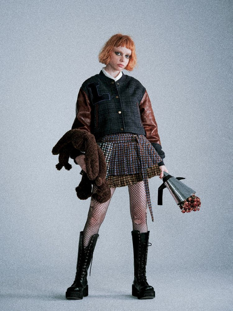 Three-color plaid splicing pleated skirt【s0000005411】