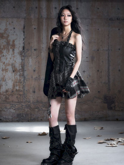 Patchwork Lattice Waisted Dress【s0000013889】