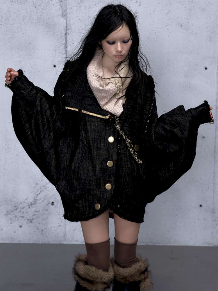 Punk Plaid Denim Bat Woolen Coat【s0000014929】