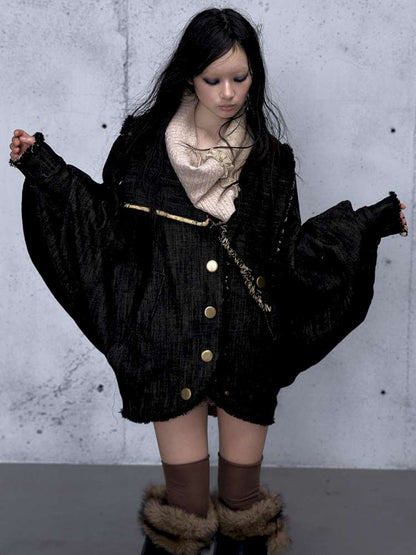 Punk Plaid Denim Bat Woolen Coat【s0000014929】