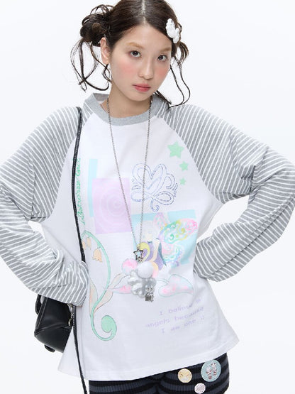 Loose Print Striped Raglan Top【s0000016378】