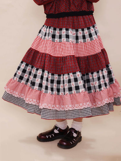Checkered Patchwork Lace Dress【s0000019285】
