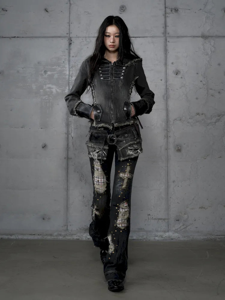 Denim Detachable Slim-Fit Hooded Jacket【s0000013951】