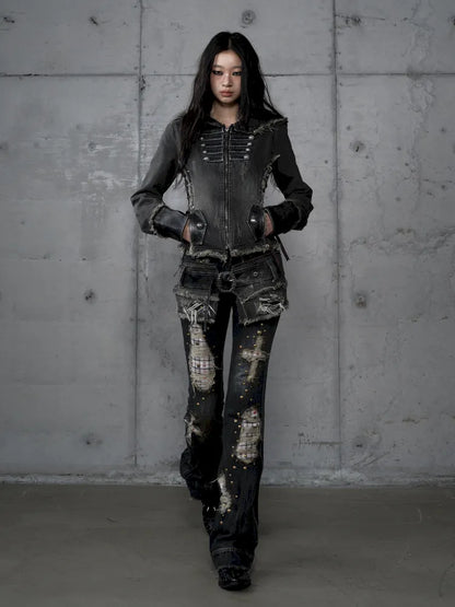 Denim Detachable Slim-Fit Hooded Jacket【s0000013951】