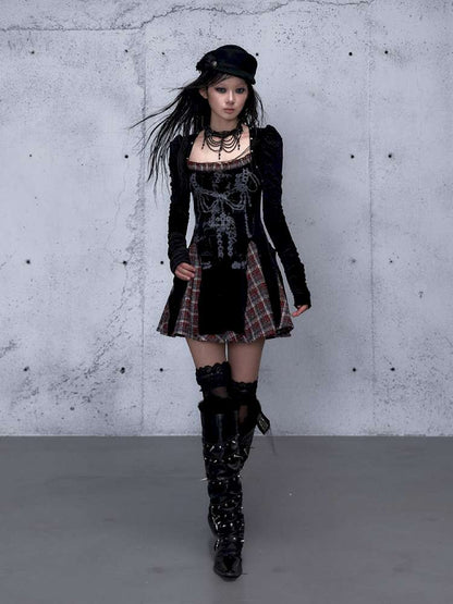 Vintage Baroque Velvet Check Dress【s0000014935】