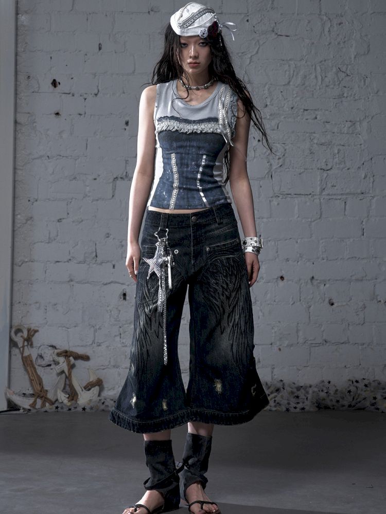 Wide-leg denim cropped pants【s0000012800】