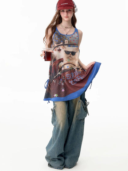 American Cat Print Vintage Tank Dress【s0000017676】