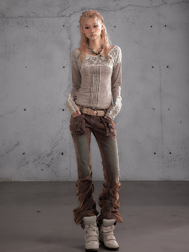 Distressed Pleated Low Rise Jeans【s0000019152】