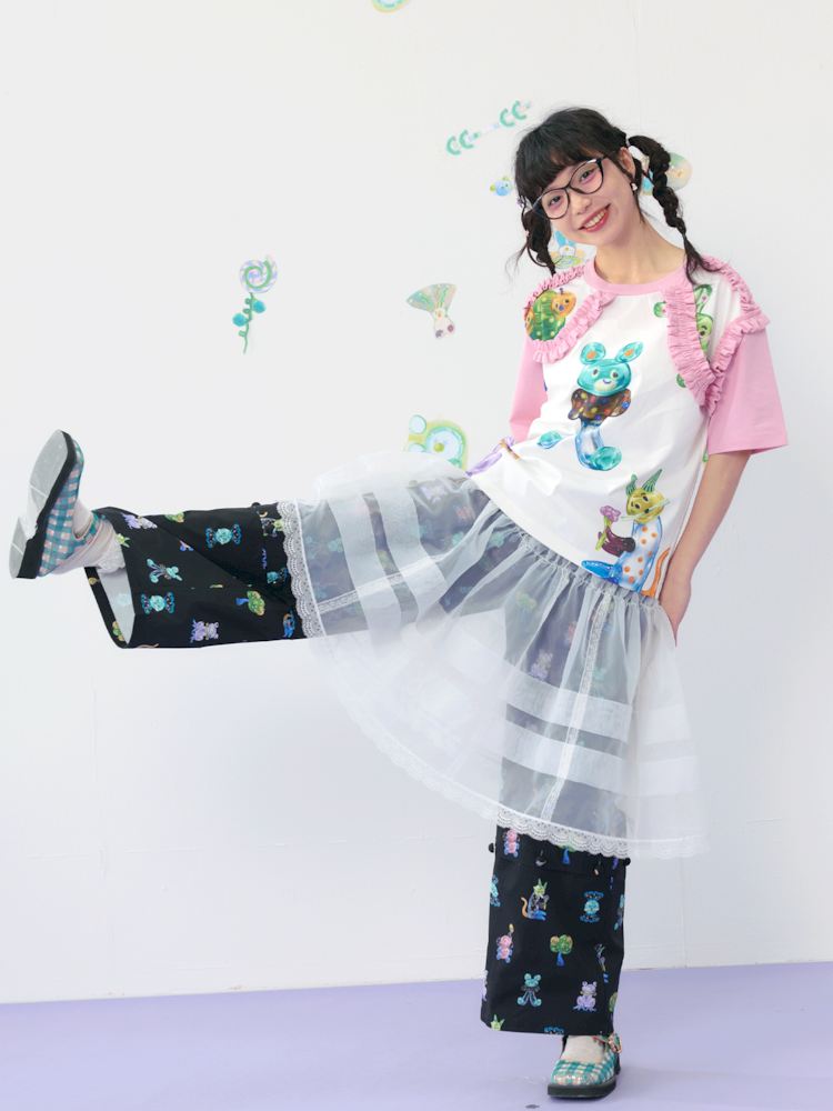 Candy print frilly lace cotton T-shirt【s0000009539】