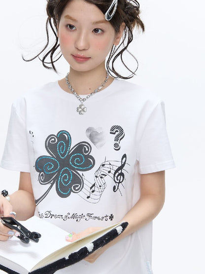 White Melody Shoulder Sleeve T-Shirt【s0000016381】