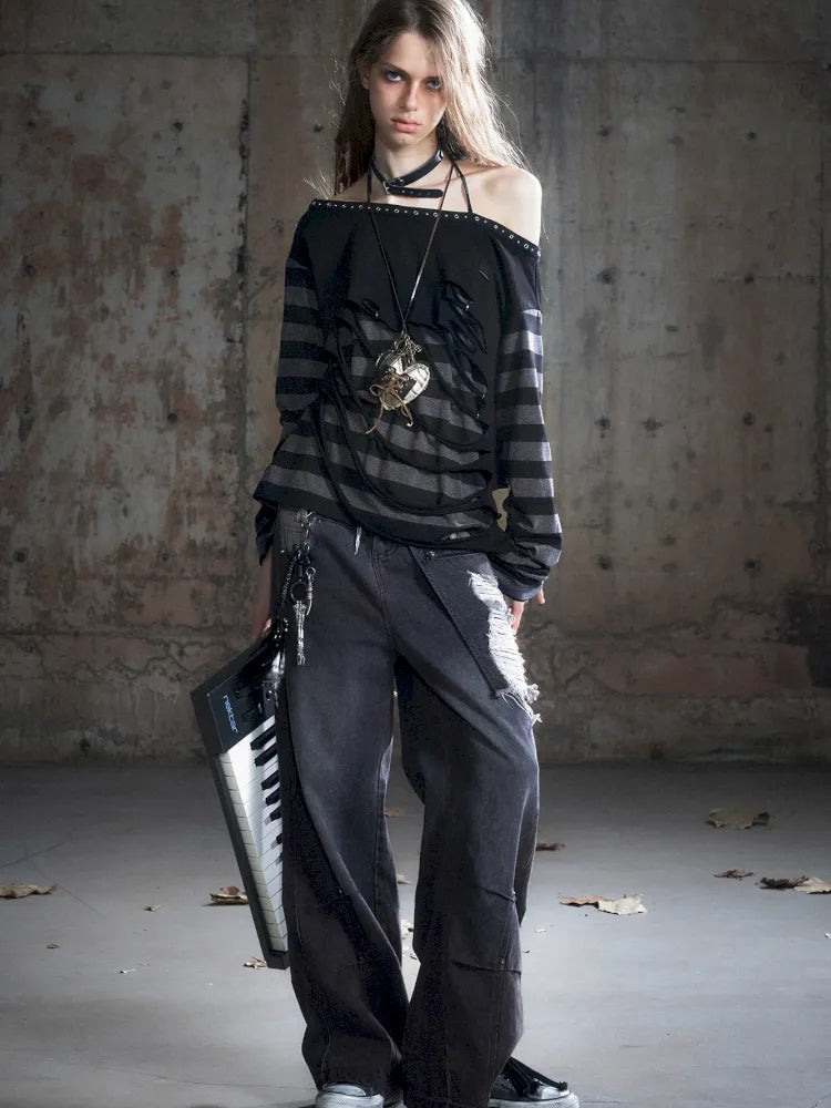 Distressed Wide-Leg Jeans【s0000013958】
