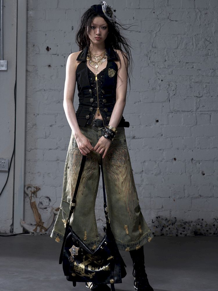 Gold foil print heavy-duty leather shoulder bag【s0000012778】