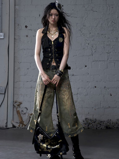 Gold foil print heavy-duty leather shoulder bag【s0000012778】