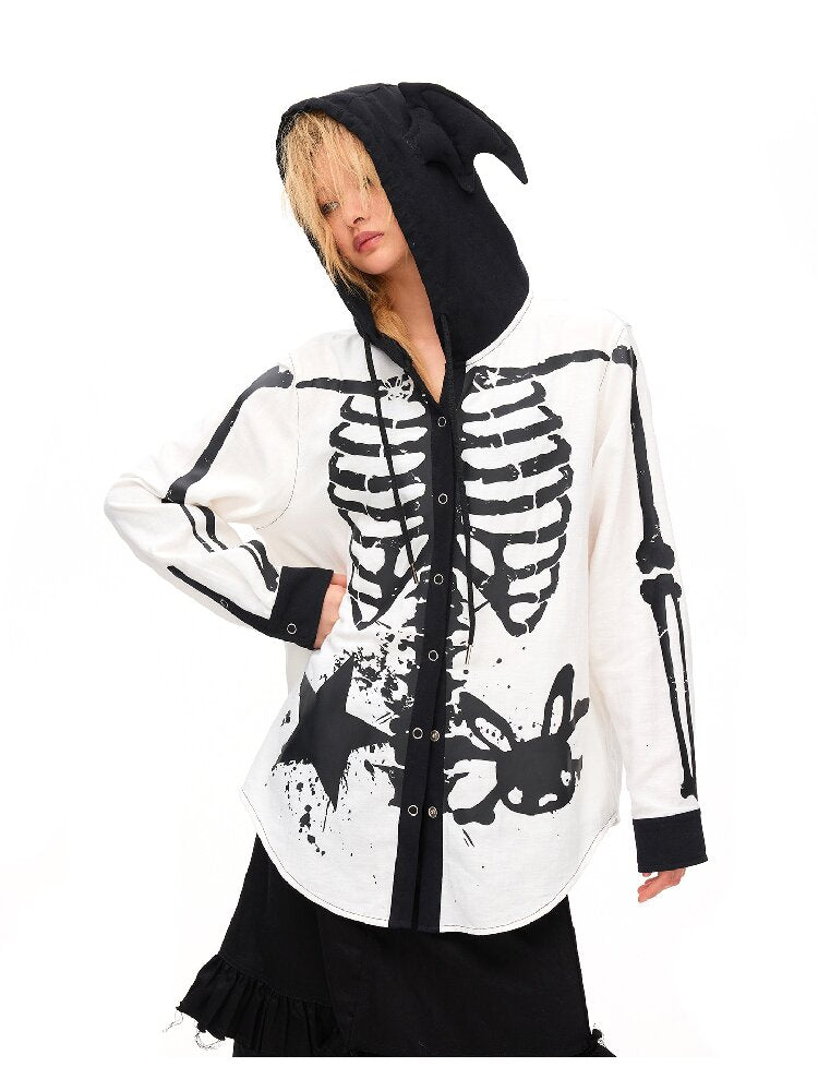 Demon Skeleton Print Hooded Shirt【s0000016054】