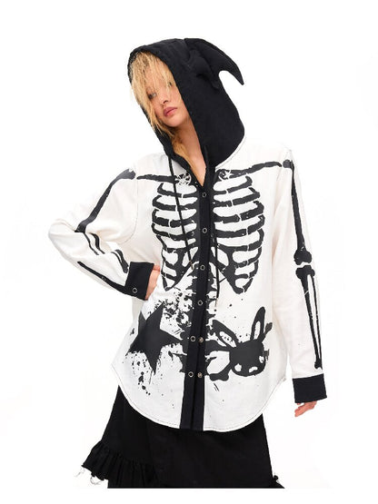 Demon Skeleton Print Hooded Shirt【s0000016054】