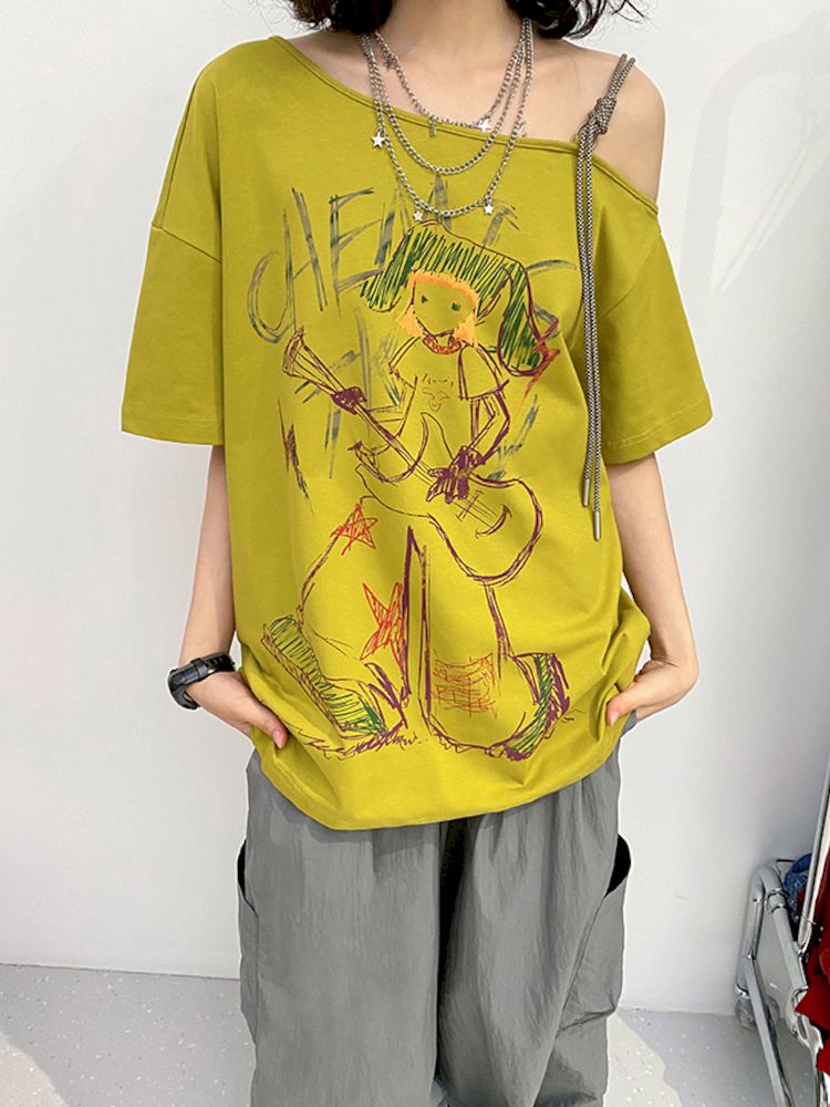 "Roll Zone Painter" Off-Shouder Short Sleeve T-Shirt [S0000008870]