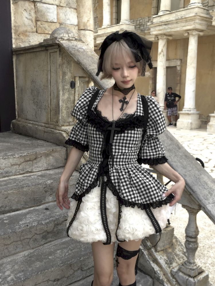 Plaid Lace Tie Bubble Sleeve Rose Set【s0000012437】