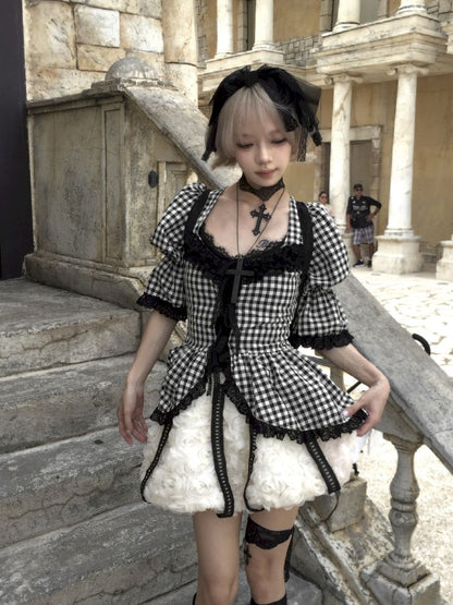 Plaid Lace Tie Bubble Sleeve Rose Set【s0000012437】