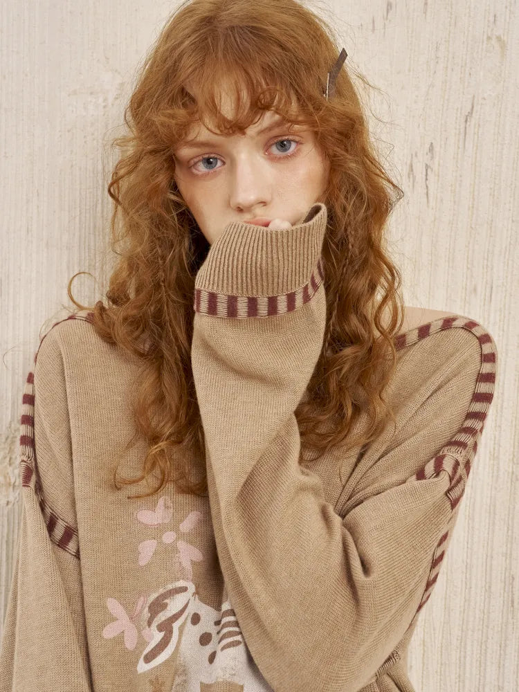 Off-the-shoulder poncho print knit sweater【s0000014063】