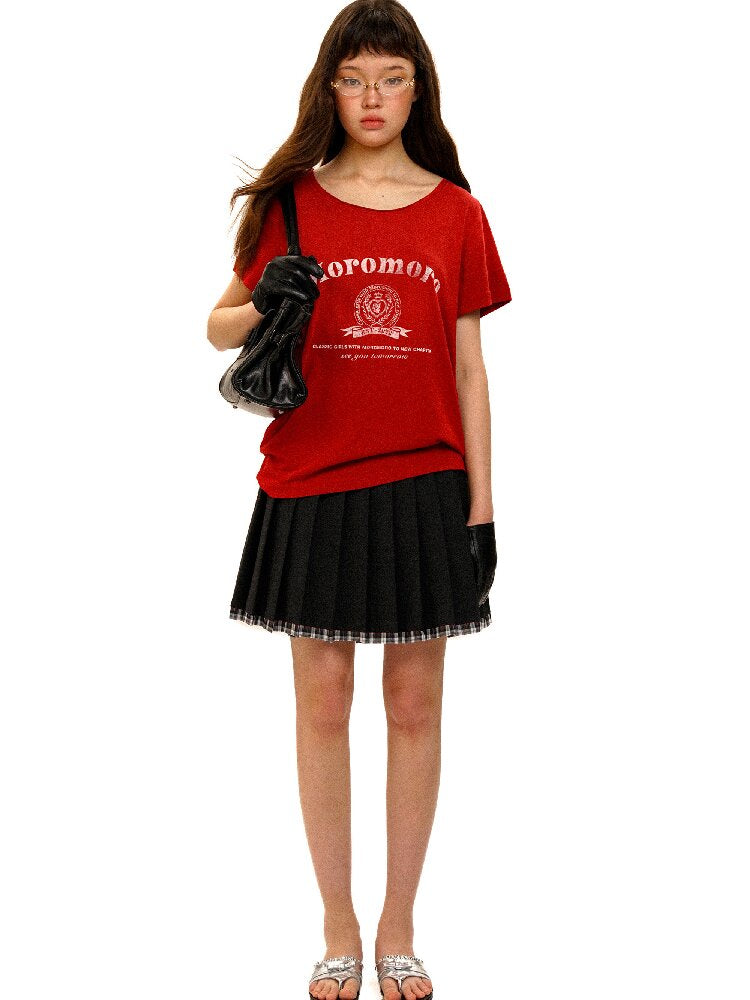 College Emblem Off Shoulder T Shirt【s0000017443】