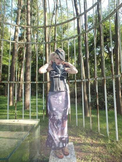 Printed Shaped Slit Mesh Half-body Dress【s0000012466】