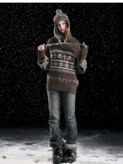 Striped Snowflake Ear Protection Beanie【s0000014672】