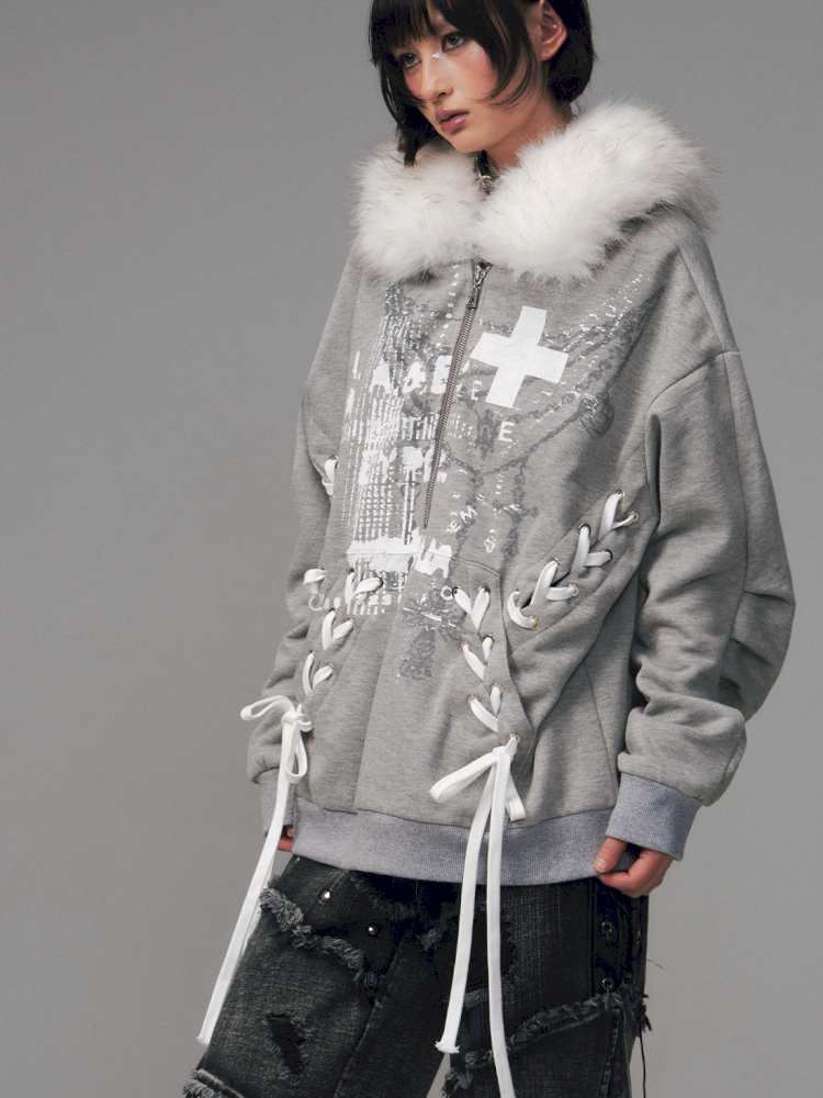 Tie-Front Printed Half-Zip Hoodie【s0000014452】