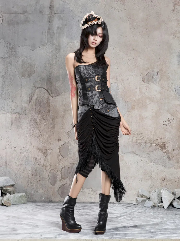 Asymmetric Knit Patchwork Drawstring Skirt【s0000014125】