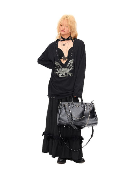 Studded Rabbit Skull Pleated Top【s0000016489】
