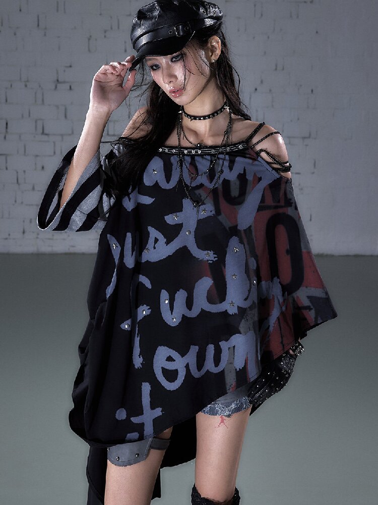 Asymmetrical Striped Webbing T-shirt【s0000015938】