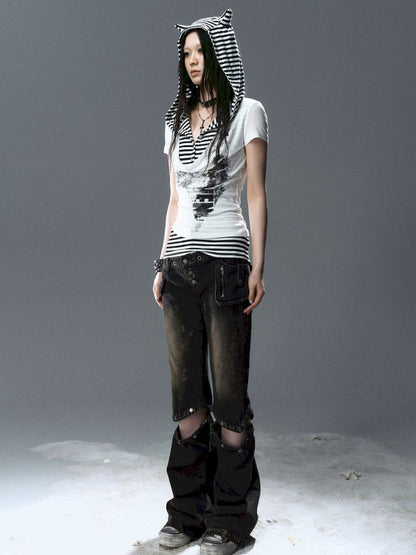 Swing Neck Striped Short Sleeve T-Shirt【s0000012807】