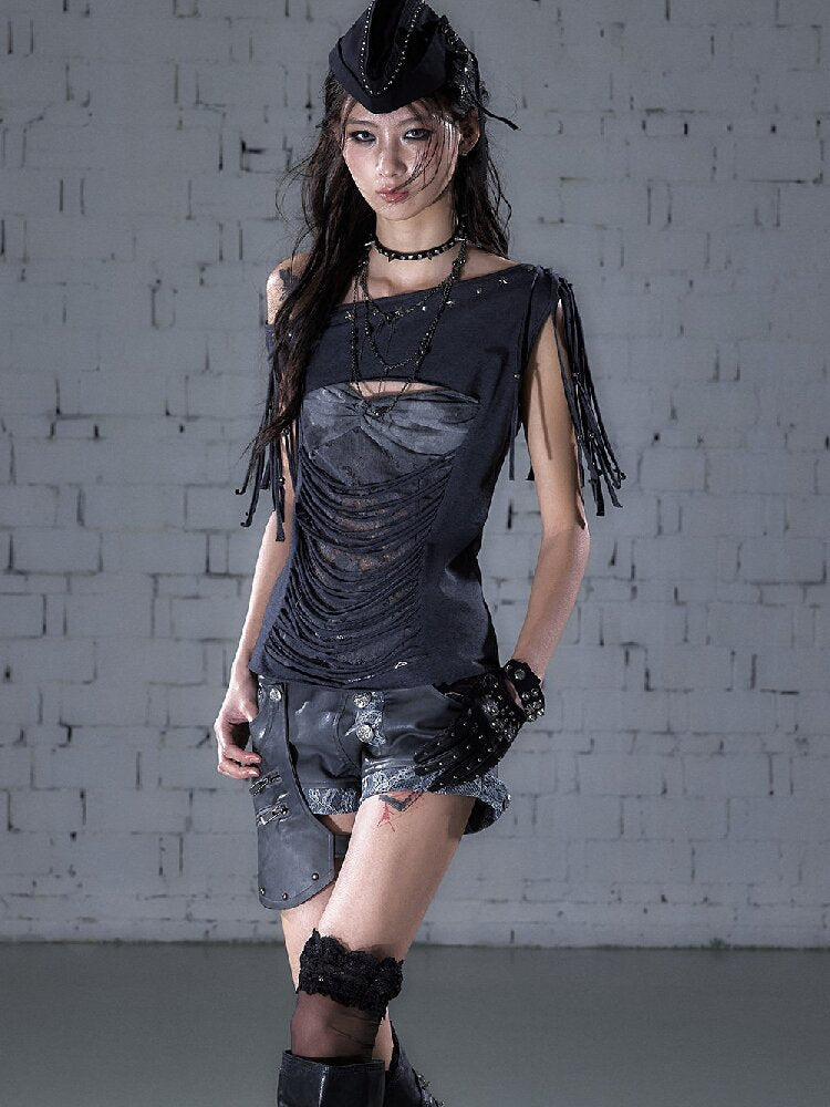Patchwork Lace Fringe Slim T-Shirt【s0000016205】