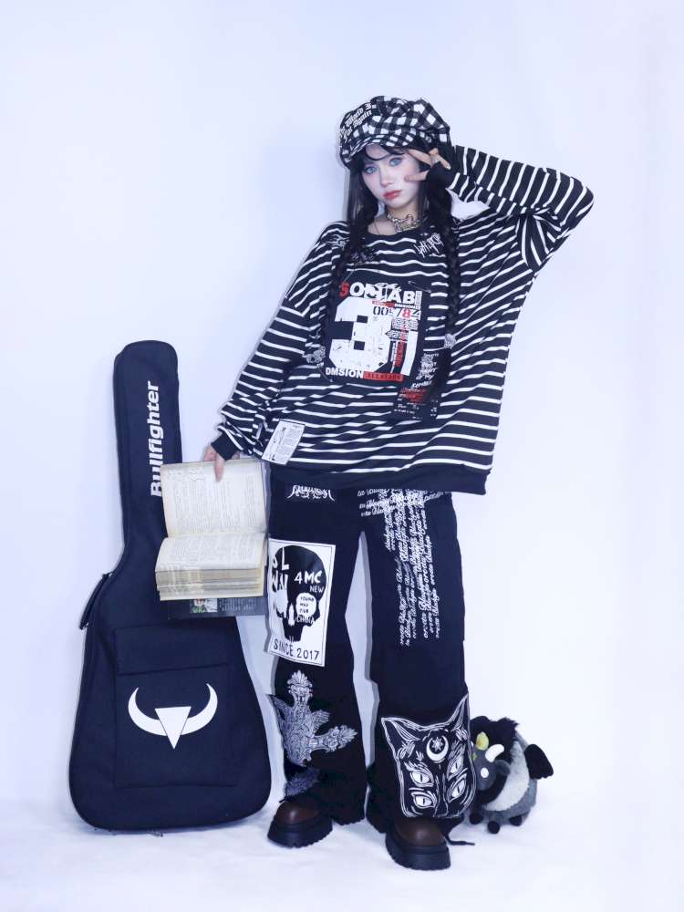 Y2K Punk Print Wide-Leg Jeans【s0000014627】