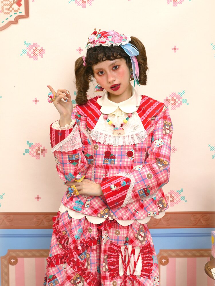 Red Pink Check Lace Skirt Blazer【s0000015574】