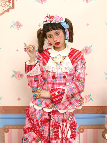 Red Pink Check Lace Skirt Blazer【s0000015574】