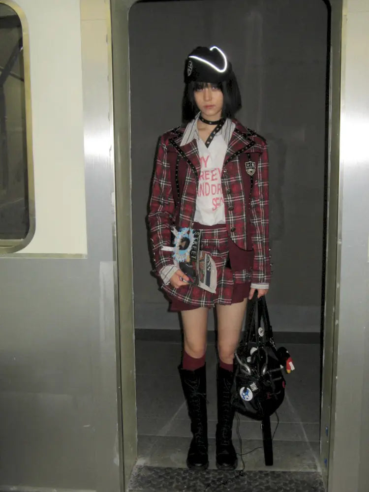 College Punk Badge Plaid Blazer【s0000014204】