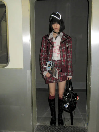 College Punk Badge Plaid Blazer【s0000014204】