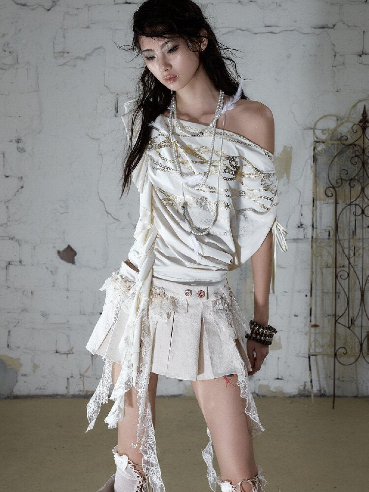 Foil Chain Print Asymmetrical T-Shirt【s0000016979】