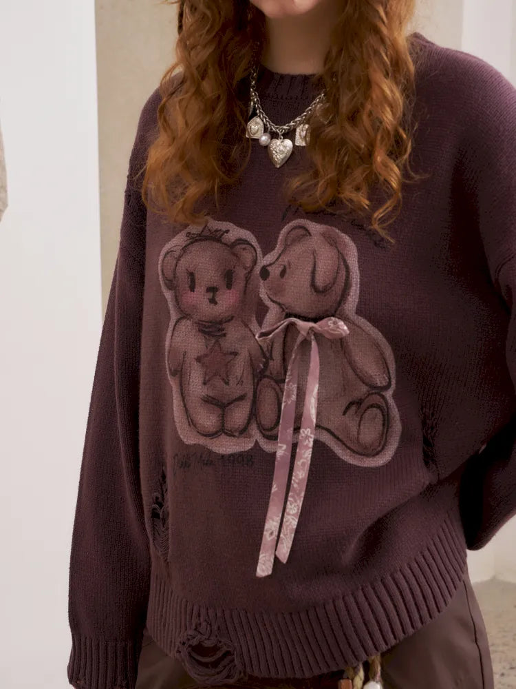 Kiss Bear Print 3D Bow Ripped Sweater【s0000014077】